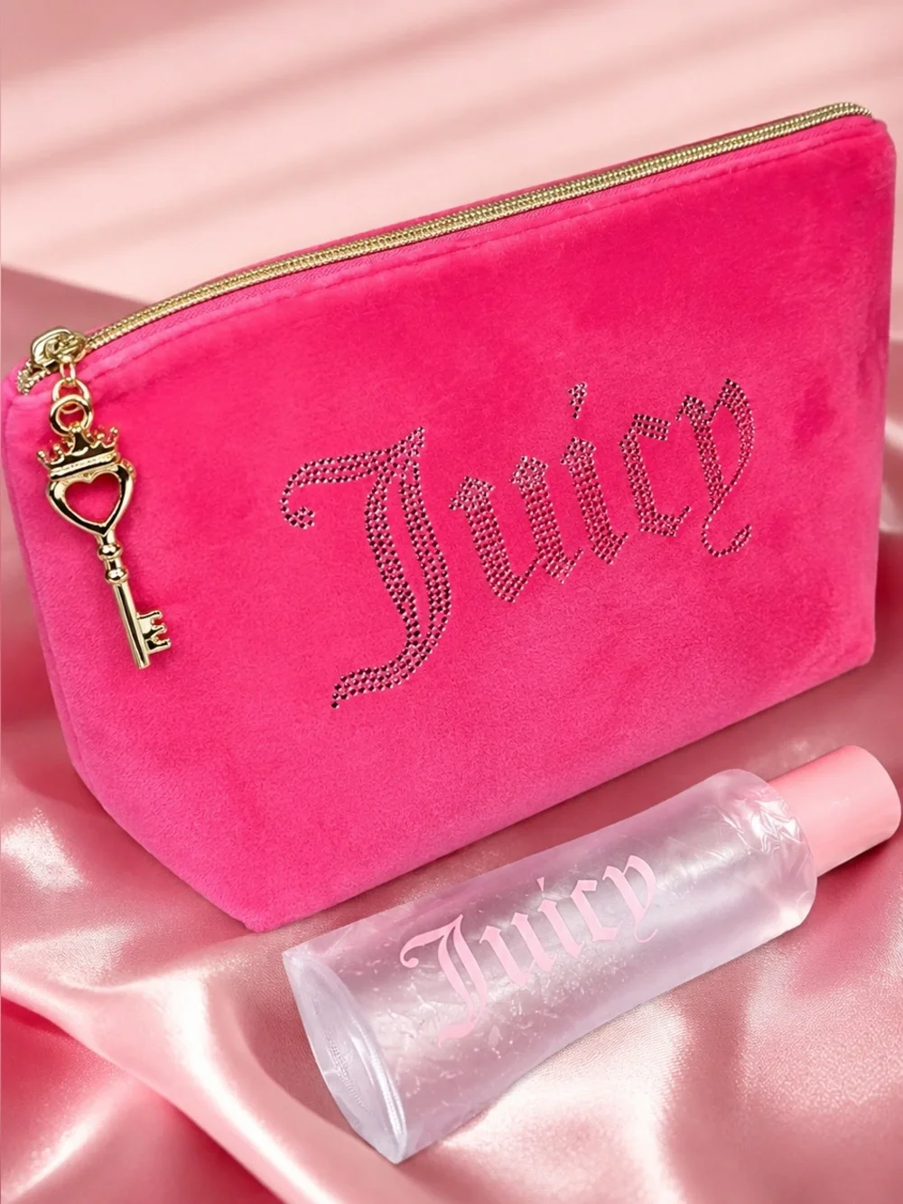Juicy Couture Hot Pink Velour Rhinestone Makeup Bag + Travel Bottle